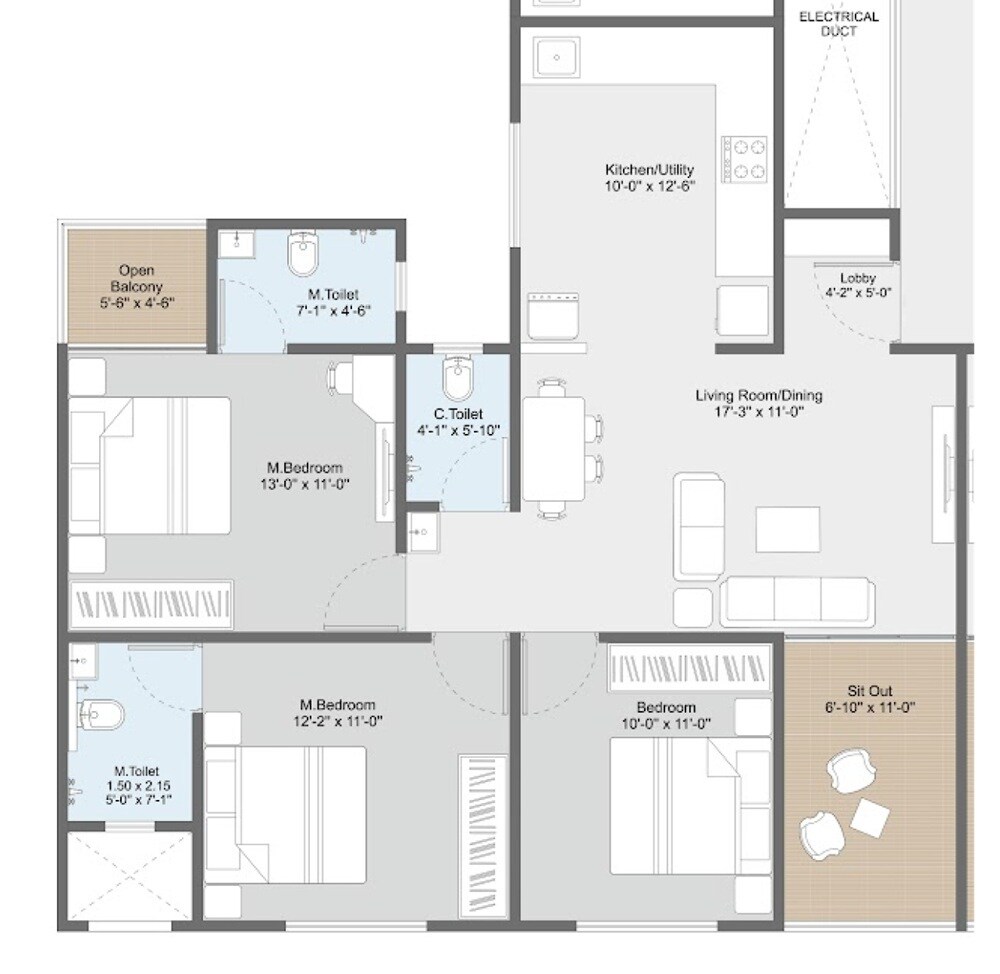 3 BHK 1042 Sq. Ft. Apartment