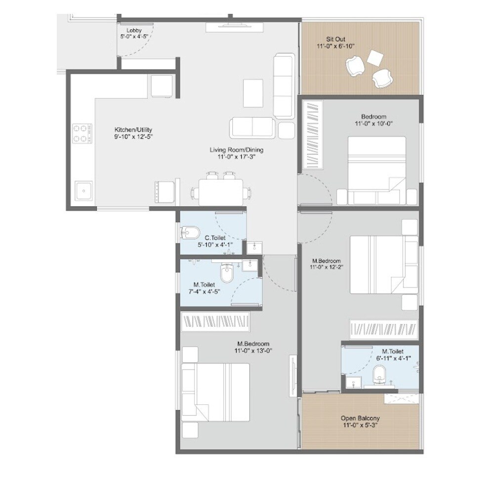 3 BHK 996 Sq. Ft. Apartment