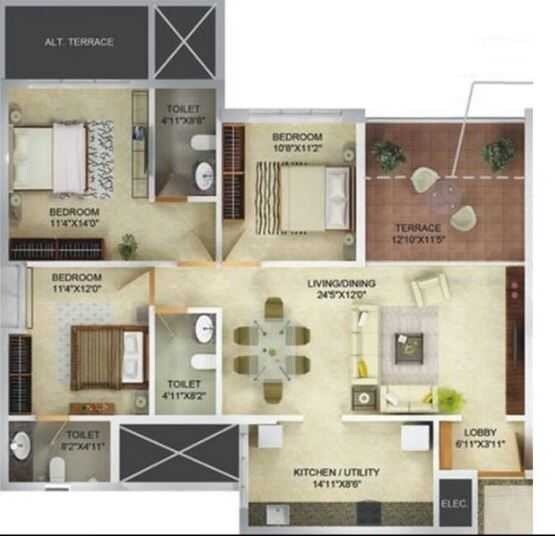3 BHK 2135 Sq. Ft. Apartment