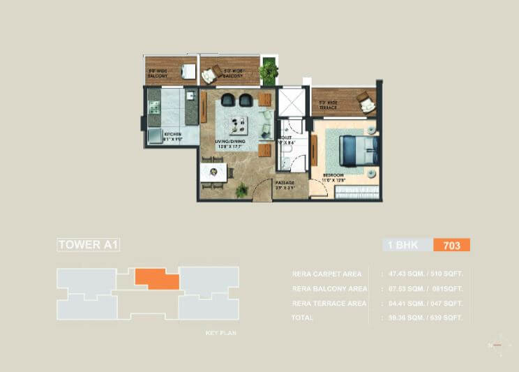 Floor plan of 1 BHK Apartment - 510 sq. ft. in Adani Atelier Greens, Pune