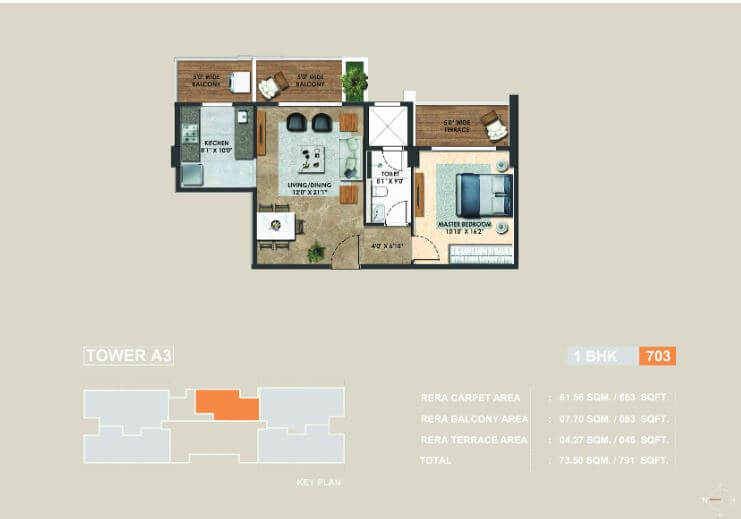 Floor plan of 1 BHK Apartment - 663 sq. ft. in Adani Atelier Greens, Pune