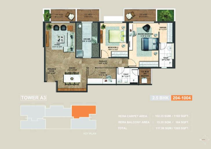 Floor plan of 2 BHK Apartment - 1102 sq. ft. in Adani Atelier Greens, Pune