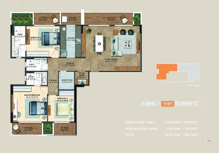 Floor plan of 3 BHK Apartment - 1329 sq. ft. in Adani Atelier Greens, Pune