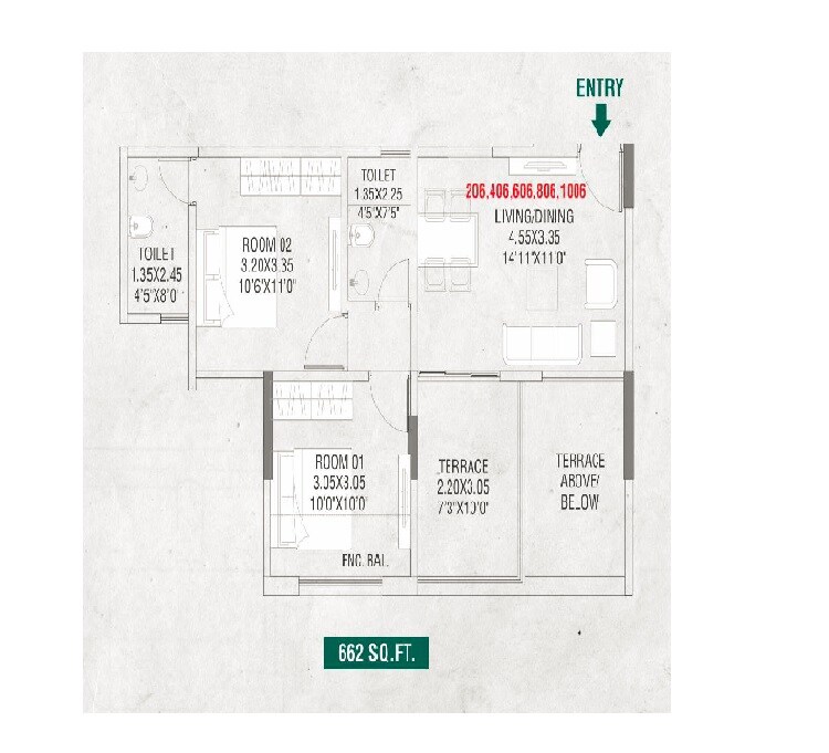 Floor plan of 2 BHK 662 Sq. Ft. Apartment in Adi Aventura, Pune