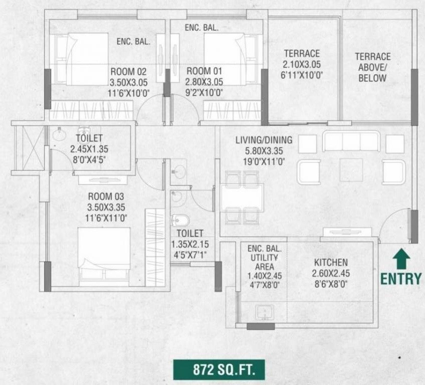 Floor plan of 3 BHK 872 Sq. Ft. Apartment in Adi Aventura, Pune