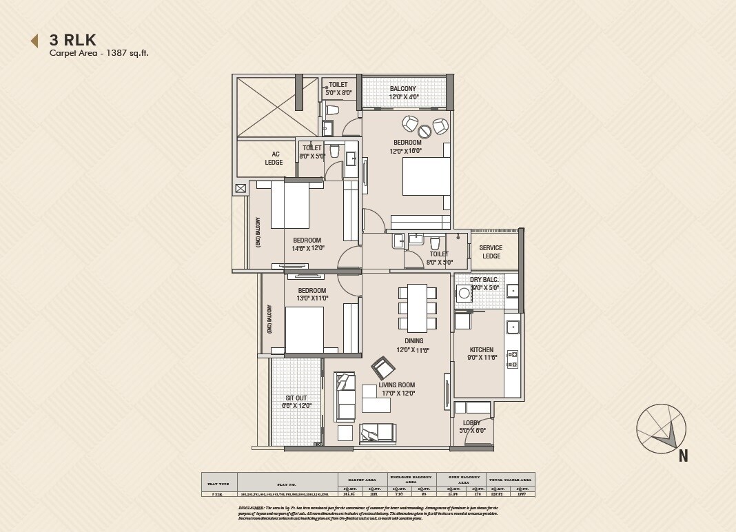 Floor plan of 3 BHK 1387 Sq. Ft. Apartment in Adi Elementis, Pune