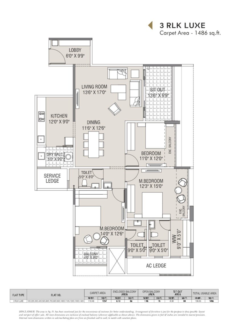 Floor plan of 3 BHK 1486 Sq. Ft. Apartment in Adi Elementis, Pune