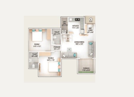 Floor plan of 2 BHK 740 Sq. Ft. Apartment in Adi W 57, Pune