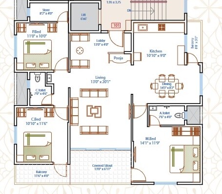 Floor plan of 3 BHK Apartment - 966 sq. ft. in Adimaya Gravitas Residency, Pune