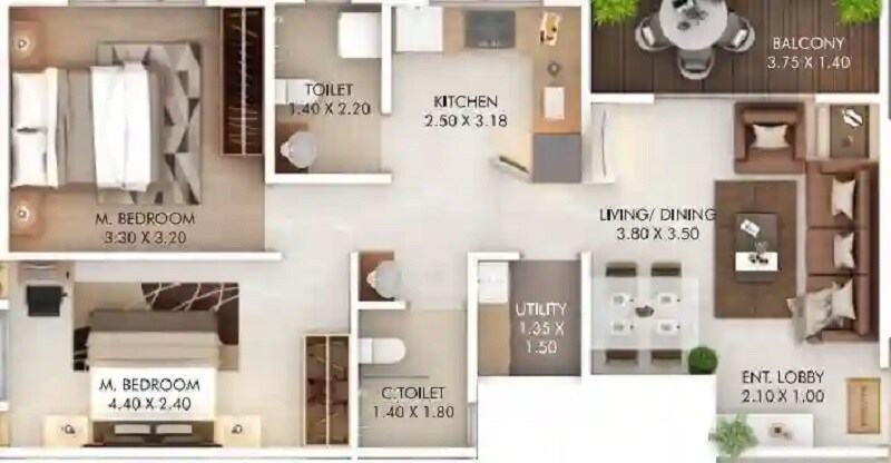 Floor plan of 2 BHK 672 Sq. Ft. Apartment in Adiraj Apartment, Pune
