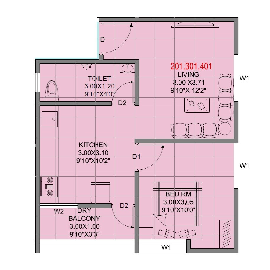 Floor plan of 1 BHK 431 Sq. Ft. Apartment in Aditya Dream City, Pune