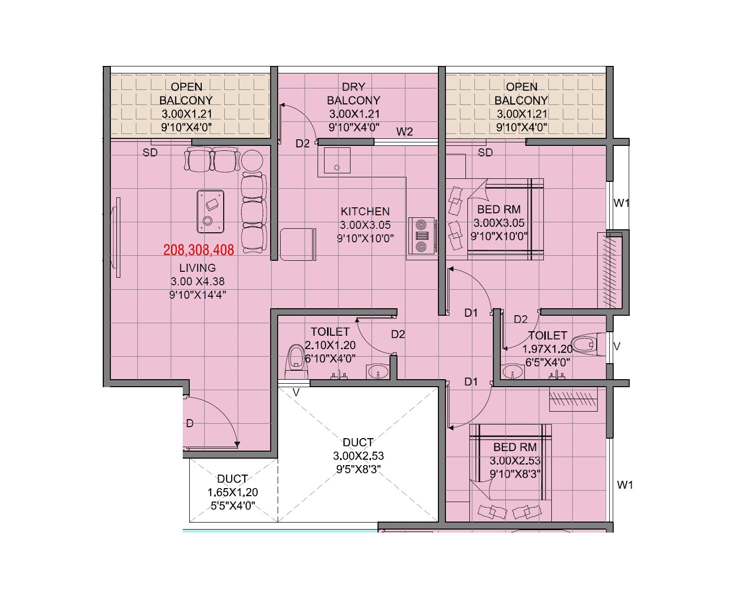 Floor plan of 2 BHK 675 Sq. Ft. Apartment in Aditya Dream City, Pune