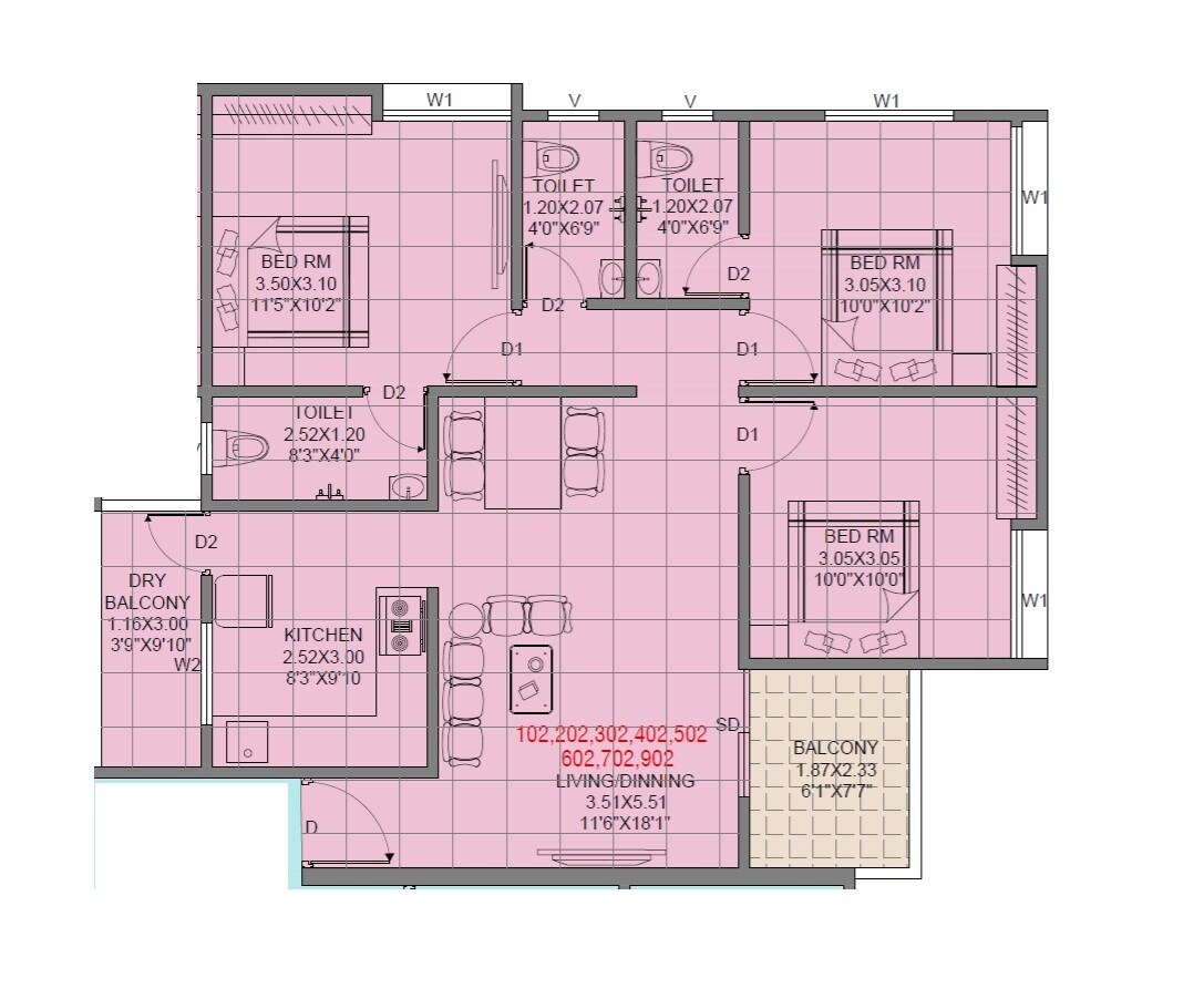Floor plan of 3 BHK 888 Sq. Ft. Apartment in Aditya Dream City, Pune