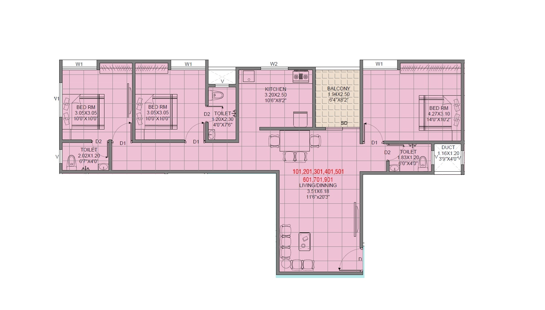 Floor plan of 3 BHK 970 Sq. Ft. Apartment in Aditya Dream City, Pune