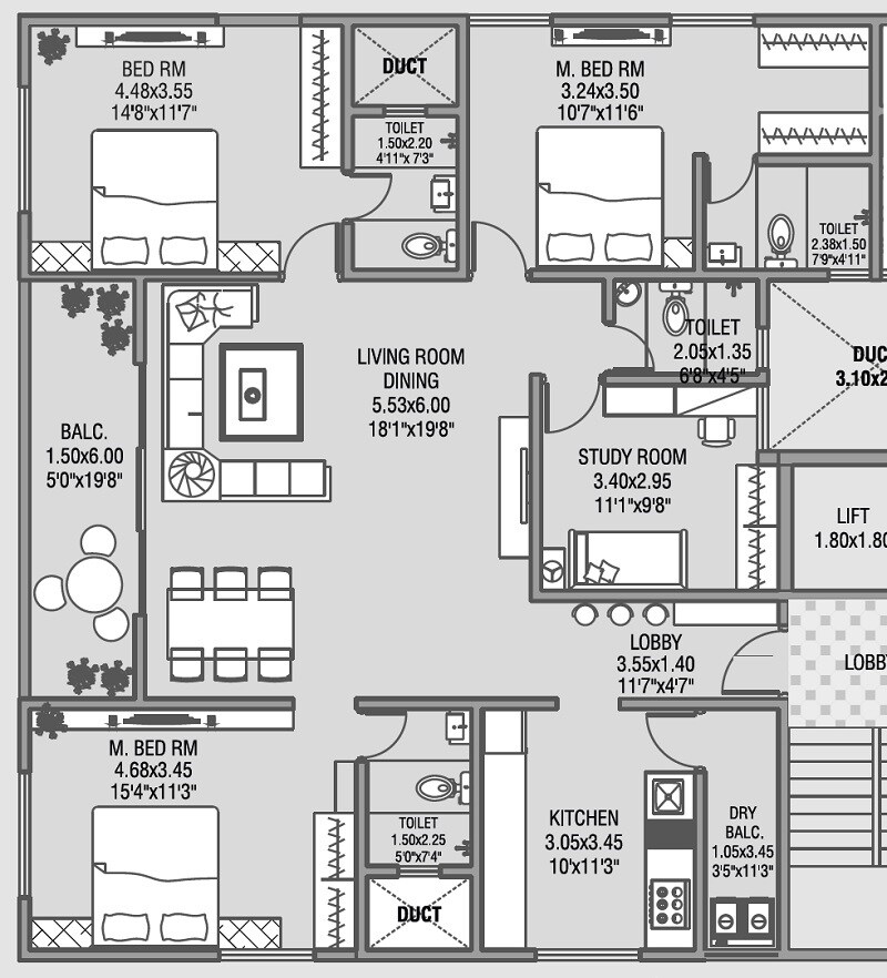 Floor plan of 4 BHK 1527 Sq. Ft. Apartment in Aditya Galaxy, Pune