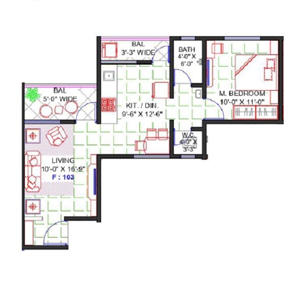 Floor plan of 1 BHK 541 Sq. Ft. Apartment in Aditya Green City Baramati, Pune