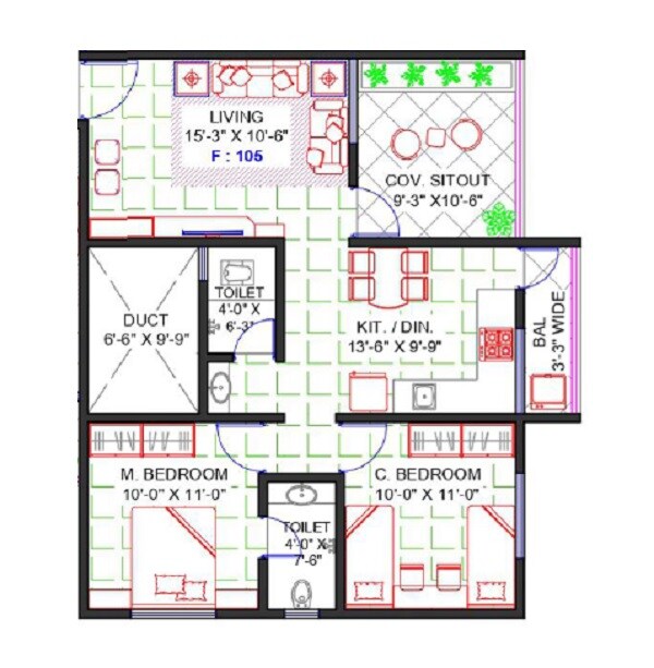 Floor plan of 2 BHK 764 Sq. Ft. Apartment in Aditya Green City Baramati, Pune