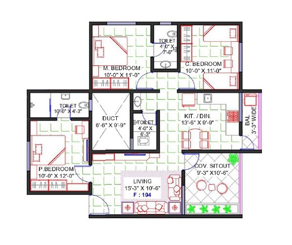 Floor plan of 3 BHK 891 Sq. Ft. Apartment in Aditya Green City Baramati, Pune