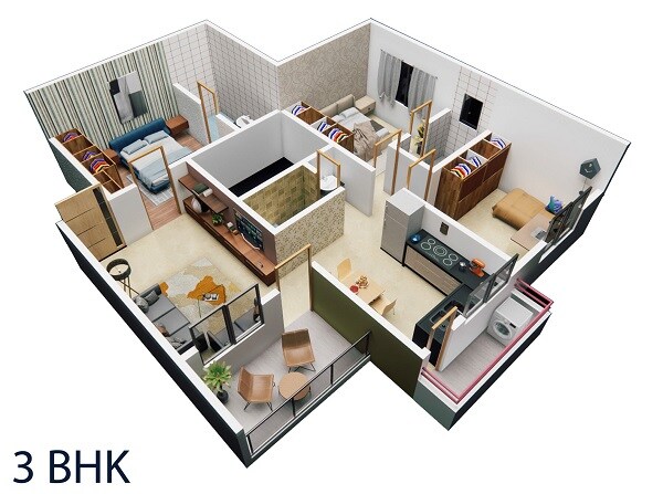 Floor plan of 3 BHK 935 Sq. Ft. Apartment in Aditya Green City Baramati, Pune