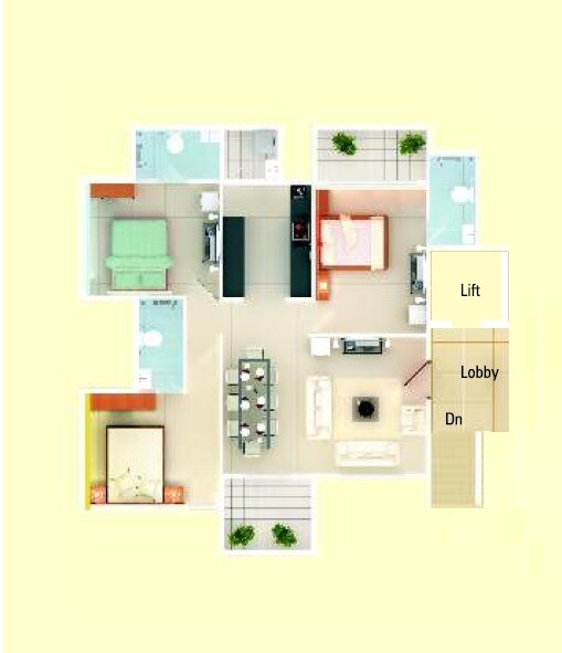 Floor plan of 3 BHK 1340 Sq. Ft. Apartment in Aditya Green Zone, Pune