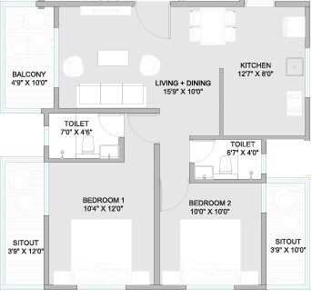 Floor plan of 2 BHK 790 Sq. Ft. Apartment in Aditya Morya Residency, Pune