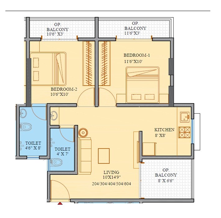 Floor plan of 2 BHK 651 Sq. Ft. Apartment in Aditya Sai Parktown, Pune