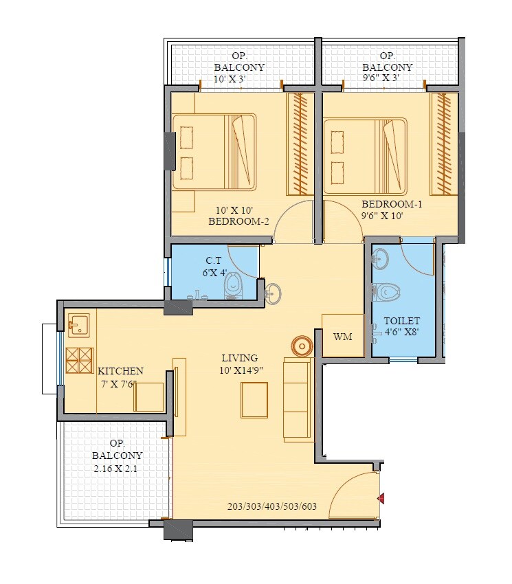 Floor plan of 2 BHK 684 Sq. Ft. Apartment in Aditya Sai Parktown, Pune