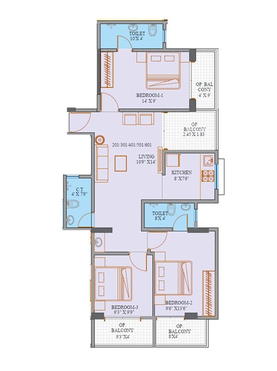 Floor plan of 3 BHK 932 Sq. Ft. Apartment in Aditya Sai Parktown, Pune