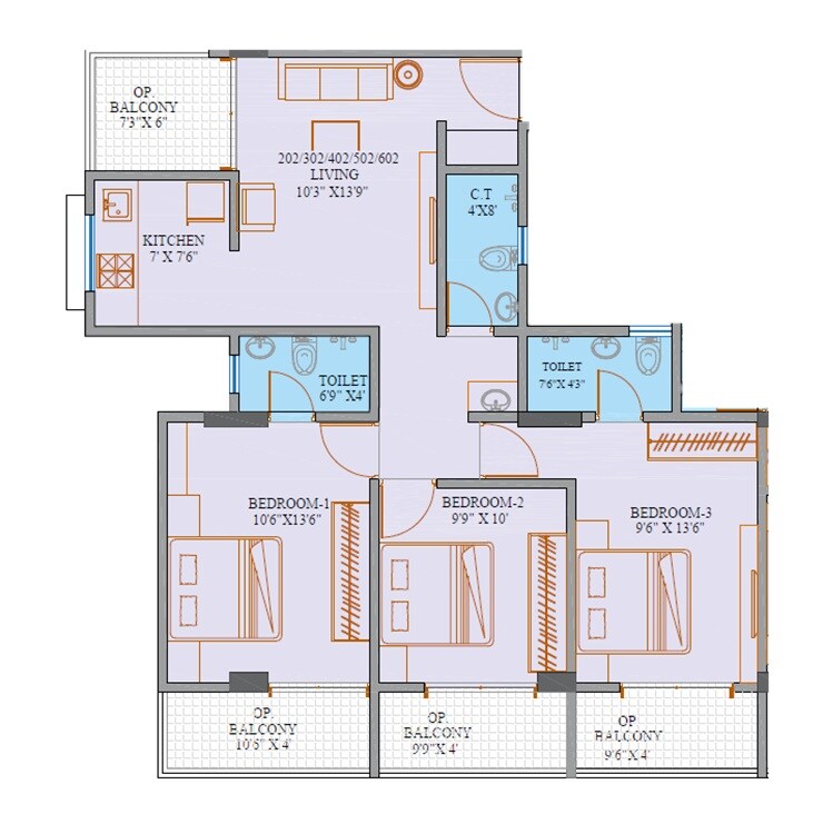 Floor plan of 3 BHK 955 Sq. Ft. Apartment in Aditya Sai Parktown, Pune