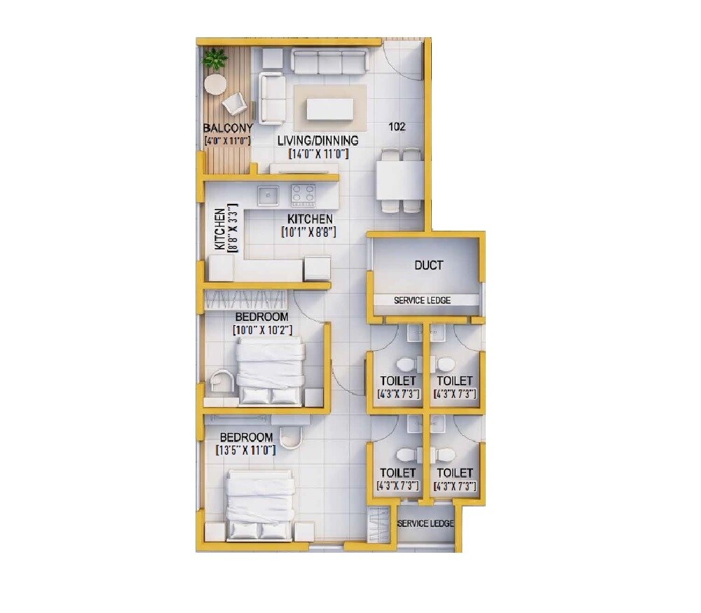 2 BHK 673 Sq. Ft. Apartment