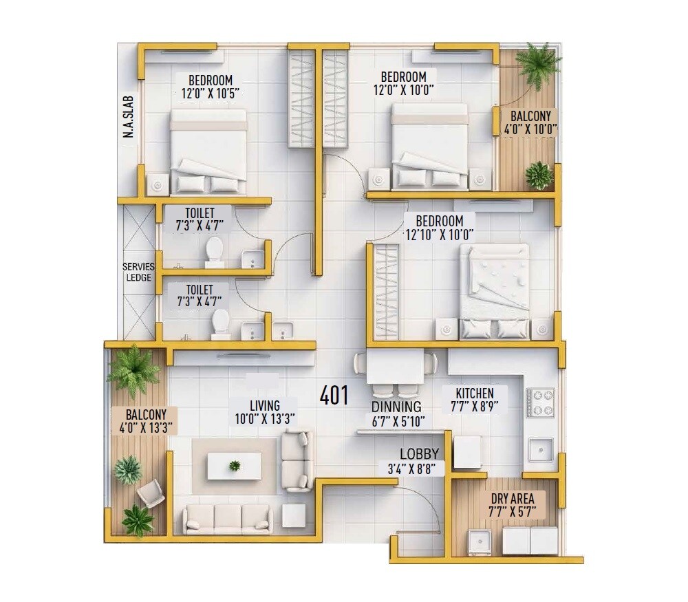 Floor plan of 3 BHK 865 Sq. Ft. Apartment in Aditya Shubham, Pune
