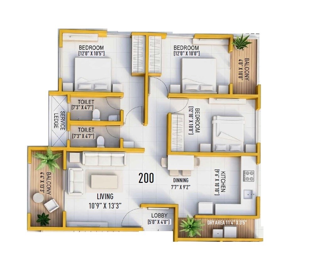 3 BHK 902 Sq. Ft. Apartment