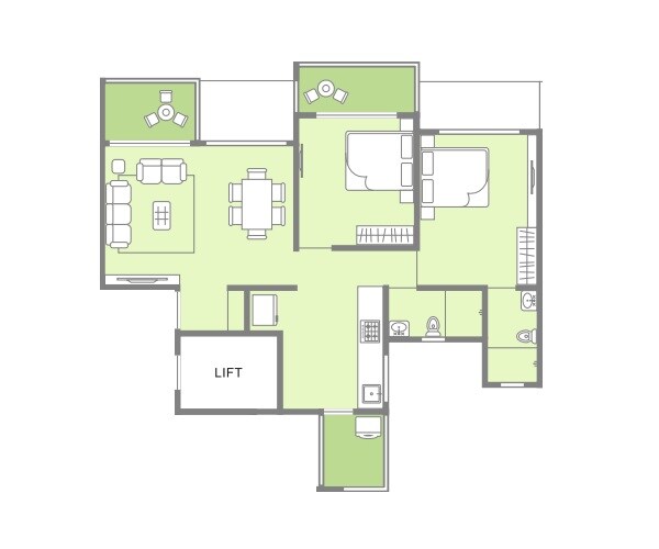 Floor plan of 2 BHK 840 Sq. Ft. Apartment in Aditya Vivaaz, Pune