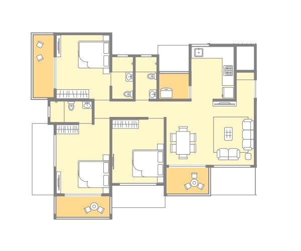 Floor plan of 3 BHK 1113 Sq. Ft. Apartment in Aditya Vivaaz, Pune