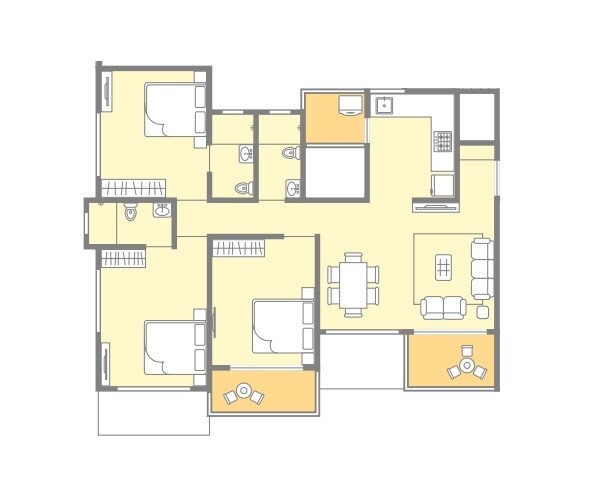 Floor plan of 3 BHK 1027 Sq. Ft. Apartment in Aditya Vivaaz, Pune