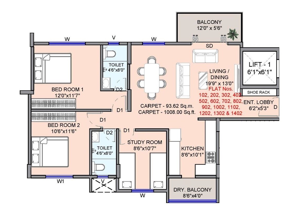 Floor plan of 2 BHK 1008 Sq. Ft. Apartment in Adiveer Punyoday, Pune