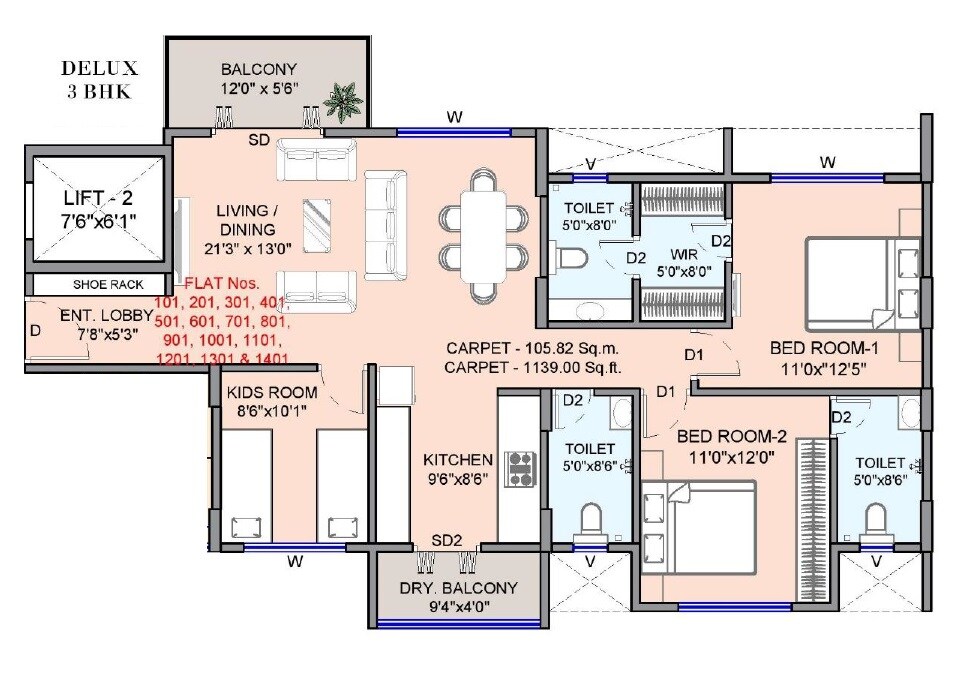 Floor plan of 3 BHK 1139 Sq. Ft. Apartment in Adiveer Punyoday, Pune