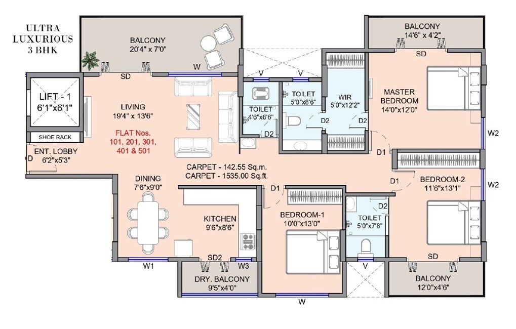 Floor plan of 3 BHK 1535 Sq. Ft. Apartment in Adiveer Punyoday, Pune