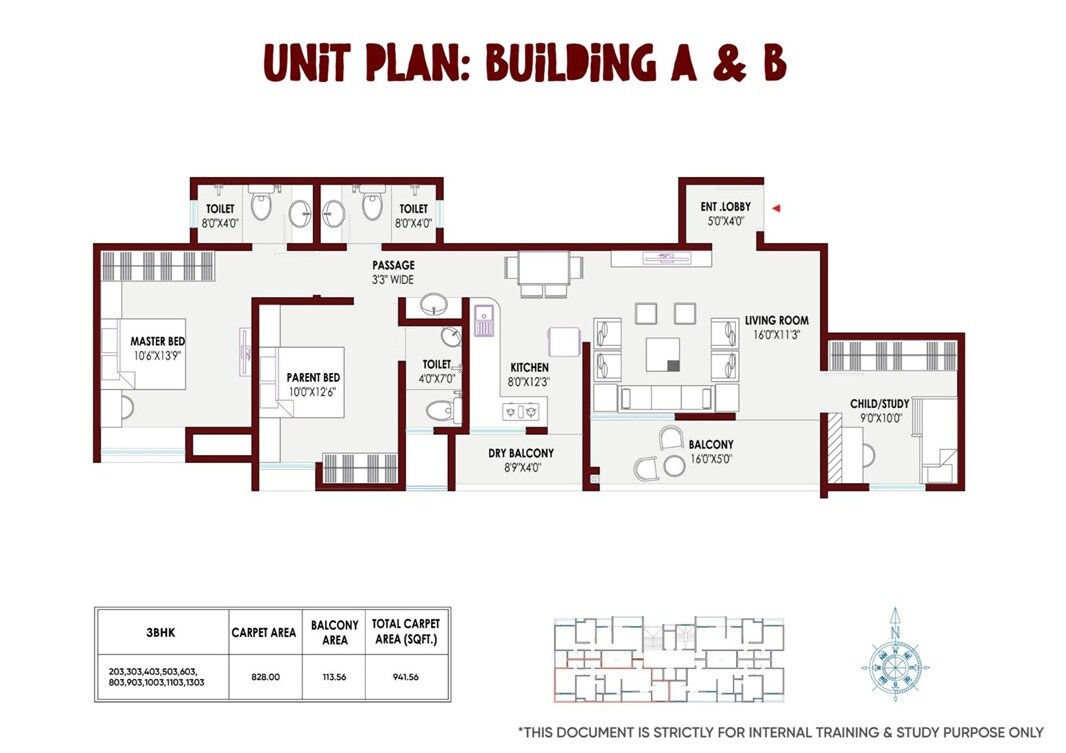 Floor plan of 3 BHK 942 Sq. Ft. Apartment in Adya Queensland, Pune
