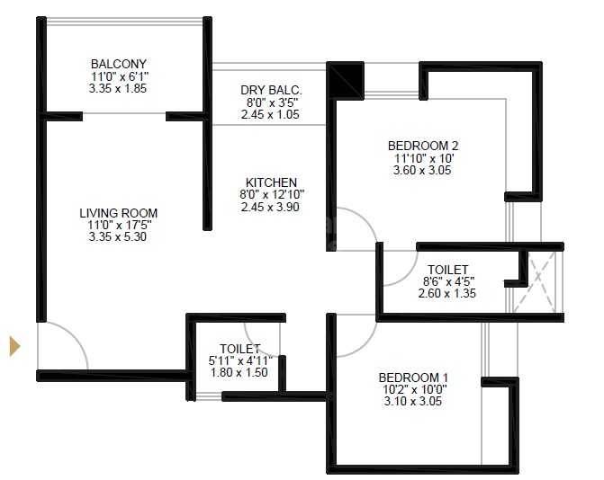 Floor plan of 2 BHK 616 Sq. Ft. Apartment in Agam CHS, Pune