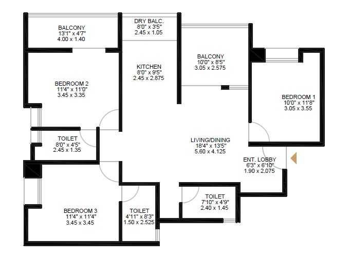 Floor plan of 3 BHK 883 Sq. Ft. Apartment in Agam CHS, Pune