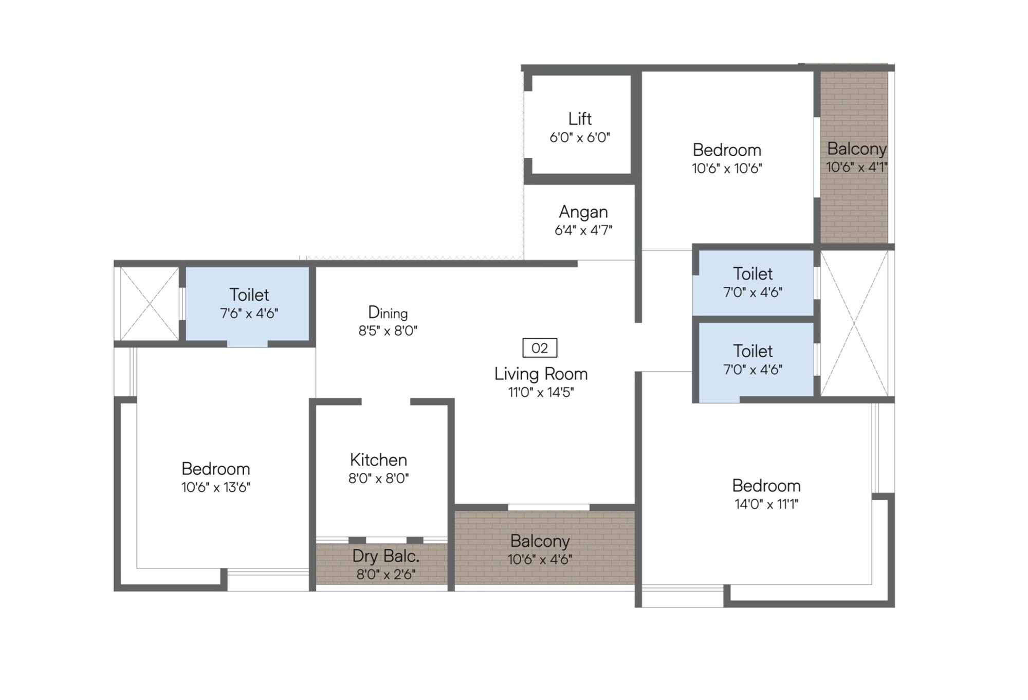 Floor plan of 3 BHK 1049 Sq. Ft. Apartment in Agarwal Belvedere, Pune