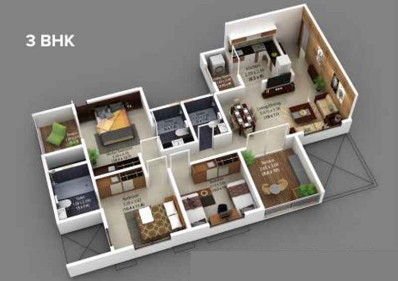 Floor plan of 3 BHK 992 Sq. Ft. Apartment in Ahura Ecopolitan, Pune