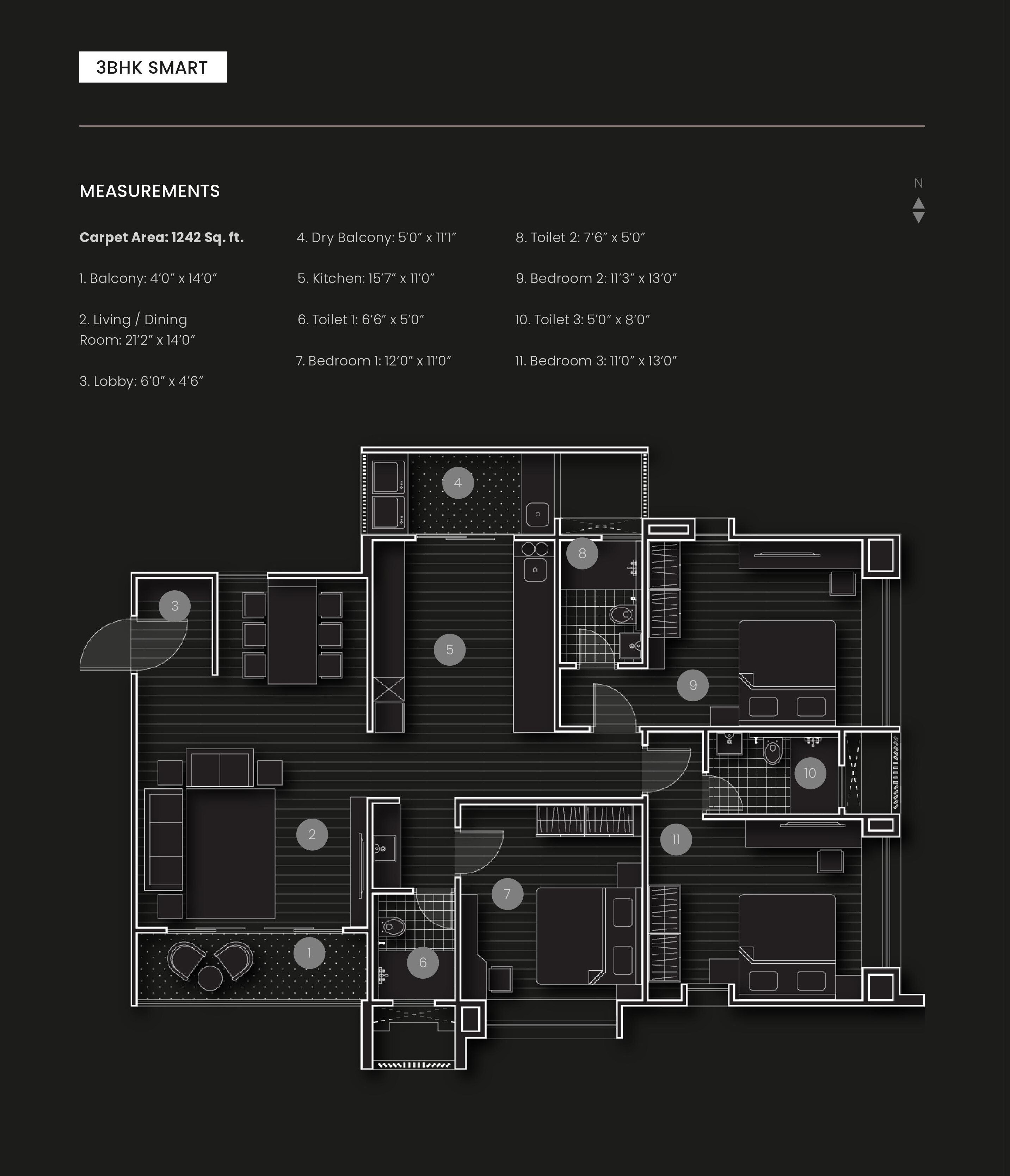 Floor plan of 3 BHK 1242 Sq. Ft. Apartment in Aishwarya CHS, Pune