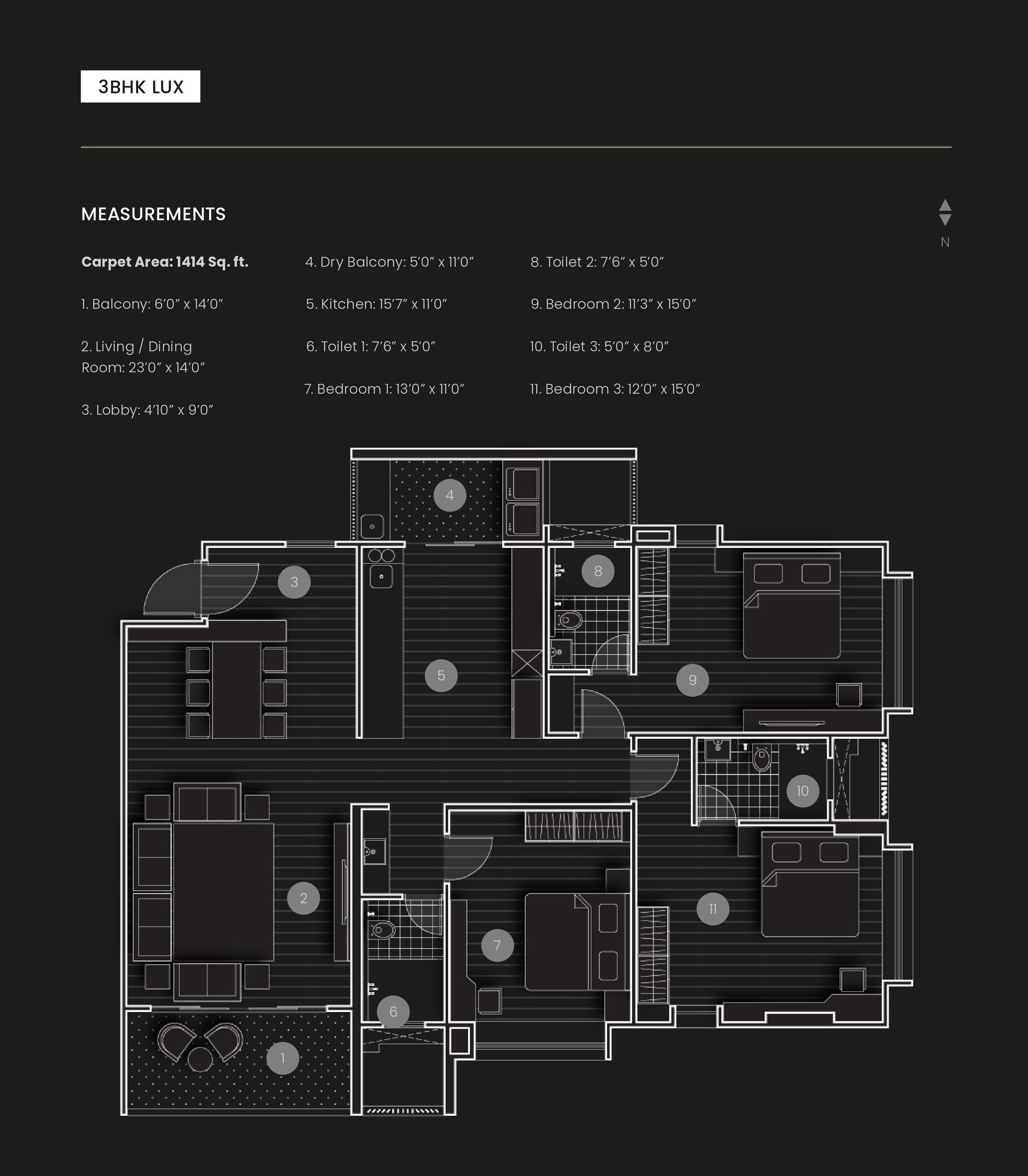 Floor plan of 3 BHK 1414 Sq. Ft. Apartment in Aishwarya CHS, Pune