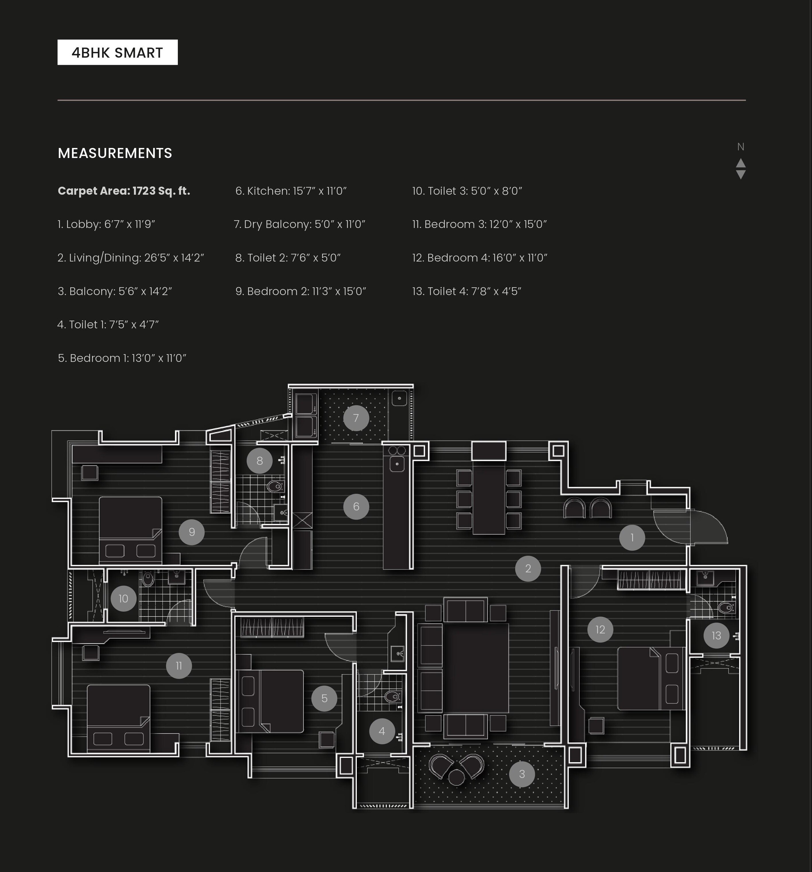 Floor plan of 4 BHK 1723 Sq. Ft. Apartment in Aishwarya CHS, Pune