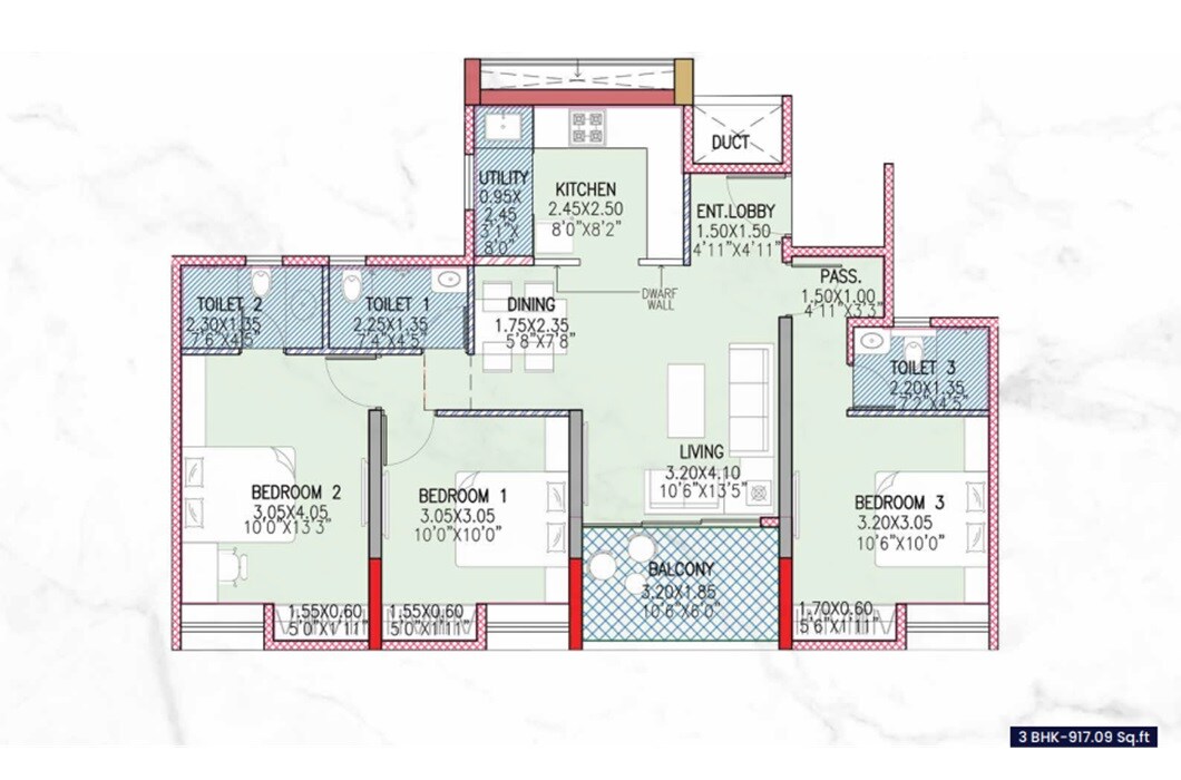 3 BHK 917 Sq. Ft. Apartment