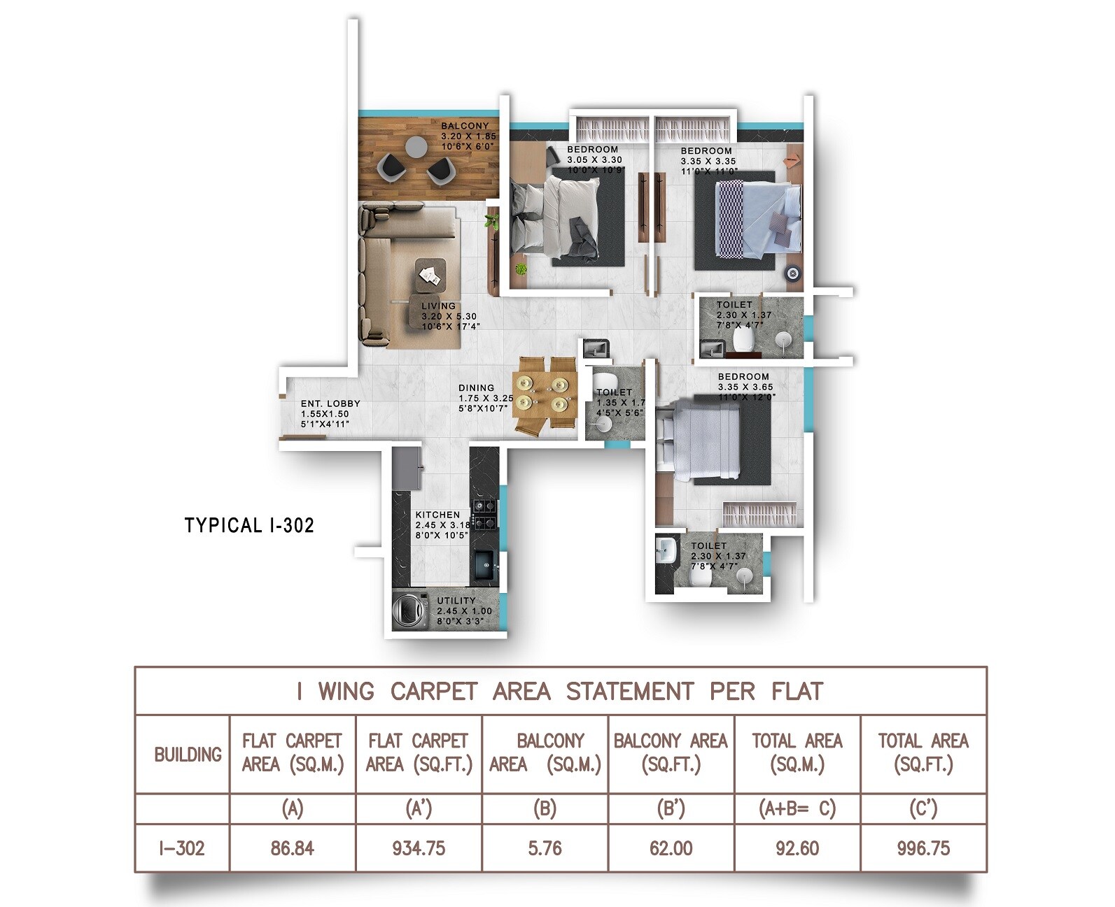 3 BHK 997 Sq. Ft. Apartment