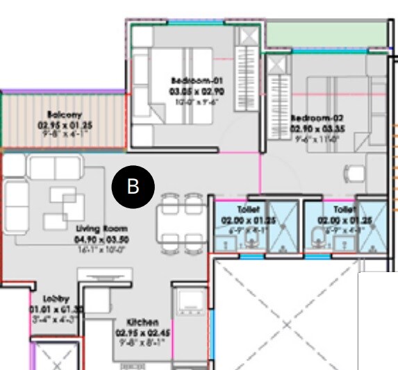 Floor plan of 2 BHK 591 Sq. Ft. Apartment in Aishwaryam Anand, Pune