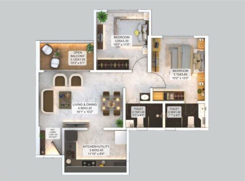 Floor plan of 2 BHK 702 Sq. Ft. Apartment in Aishwaryam Courtyard Gold, Pune